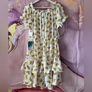 5/$30 True Destinations Lemon Print Tiered Off the Shoulder Dress Coverup